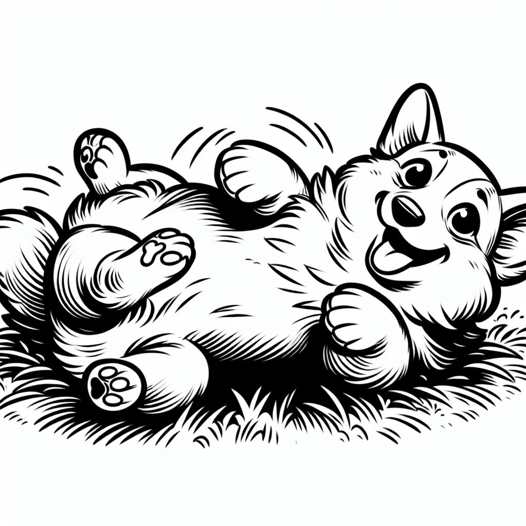 Coloring page of a Corgi dog, energetic pup rolling on the grass