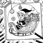 Coloring page of a elf, toy maker flying in a sleigh