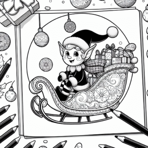 Coloring page of a elf, toy maker flying in a sleigh