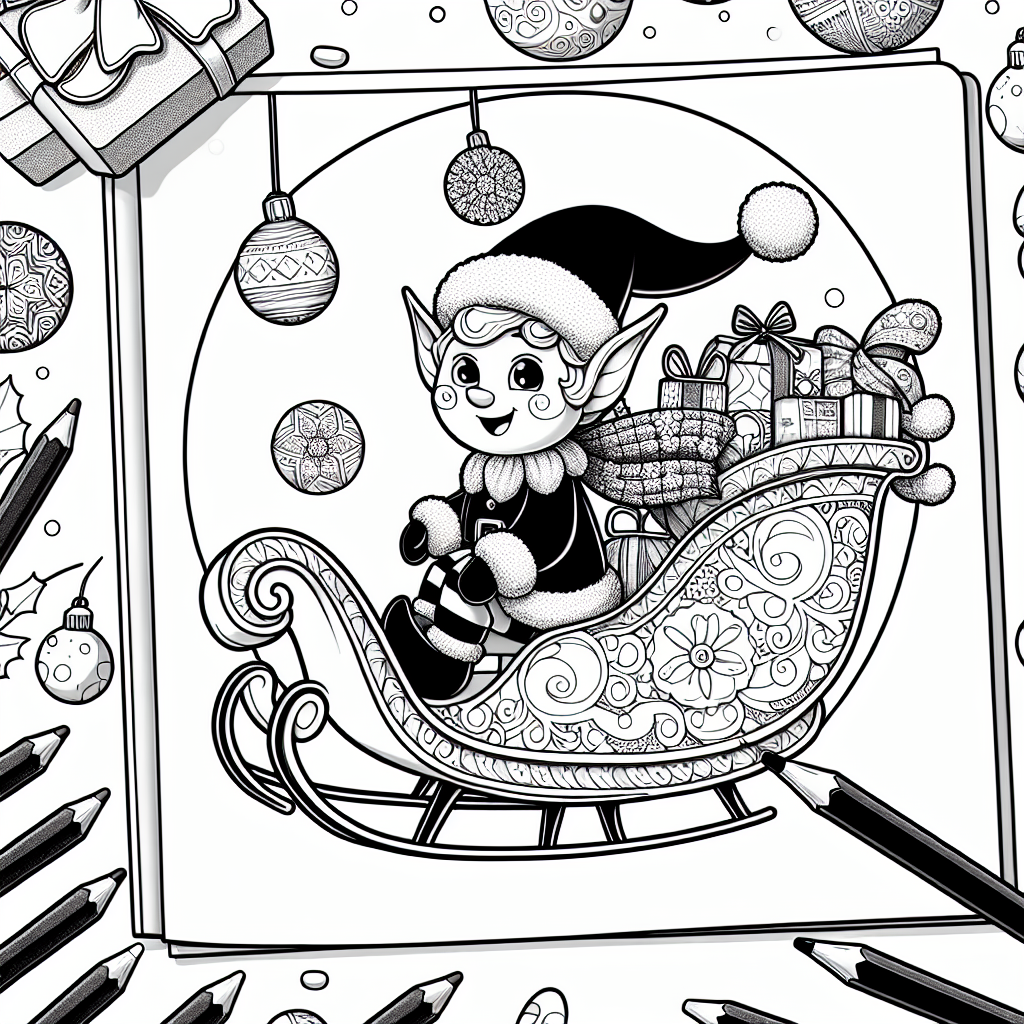 Coloring page of a elf, toy maker flying in a sleigh