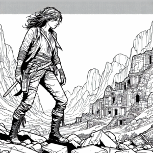 Coloring page of a female wanderer, mountain climber walking through ruins
