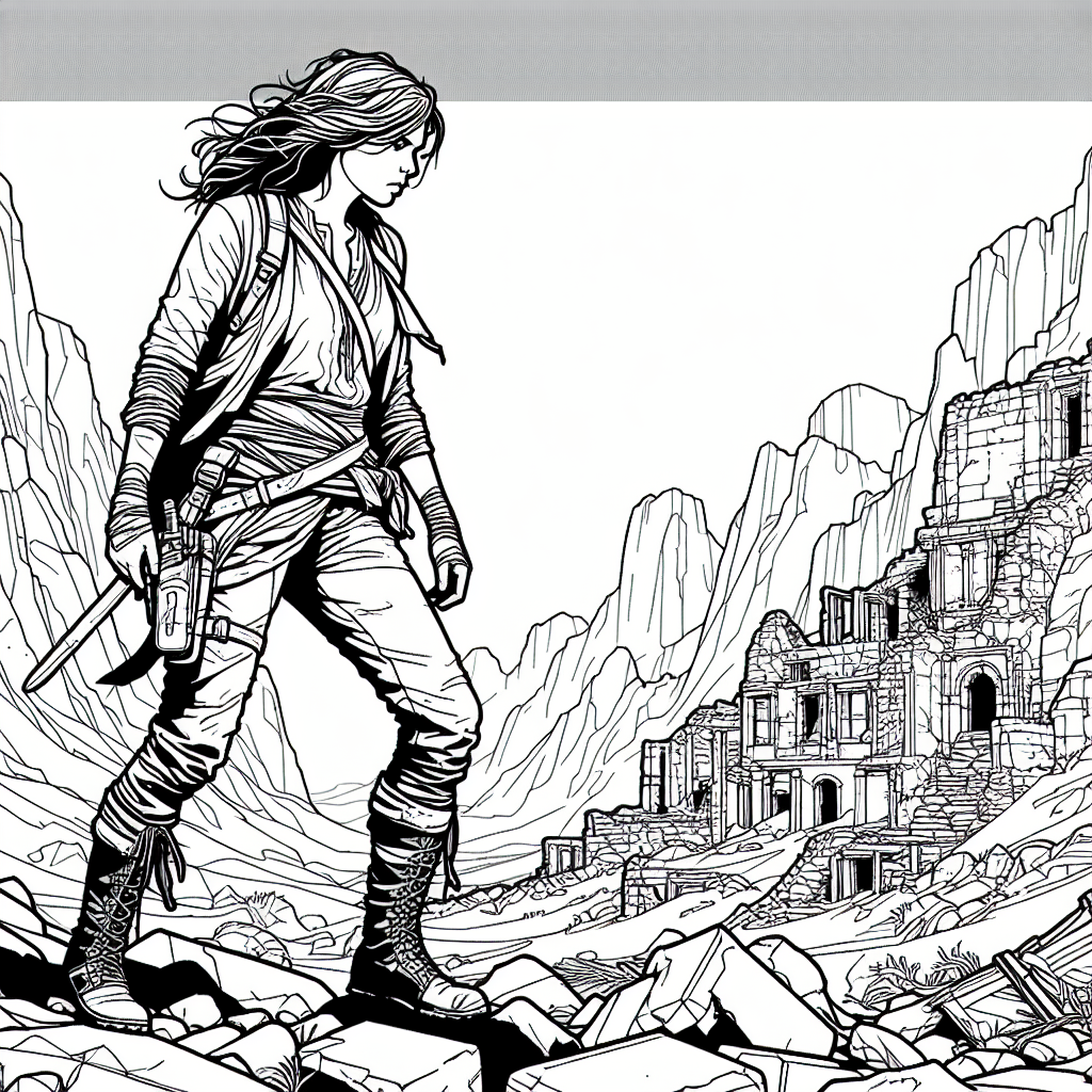 Coloring page of a female wanderer, mountain climber walking through ruins