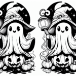 Coloring page of a friendly ghost, magical sorcerer jumping out of a pumpkin