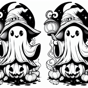 Coloring page of a friendly ghost, magical sorcerer jumping out of a pumpkin