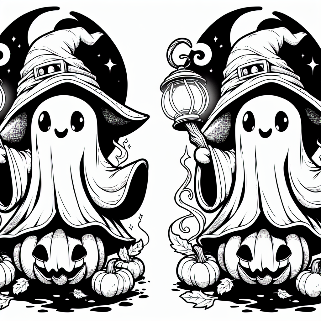Coloring page of a friendly ghost, magical sorcerer jumping out of a pumpkin