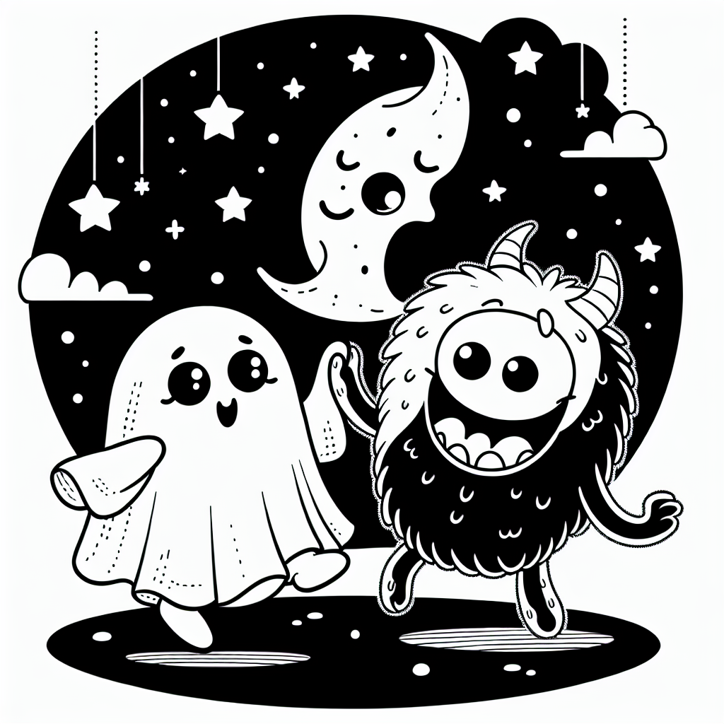 Coloring page of a friendly ghost, spooky monster dancing under the moon