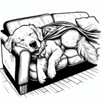 Coloring page of a Golden Retriever dog, loyal companion sleeping on a couch