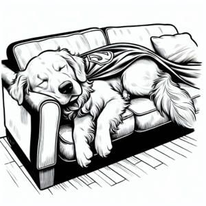 Coloring page of a Golden Retriever dog, loyal companion sleeping on a couch