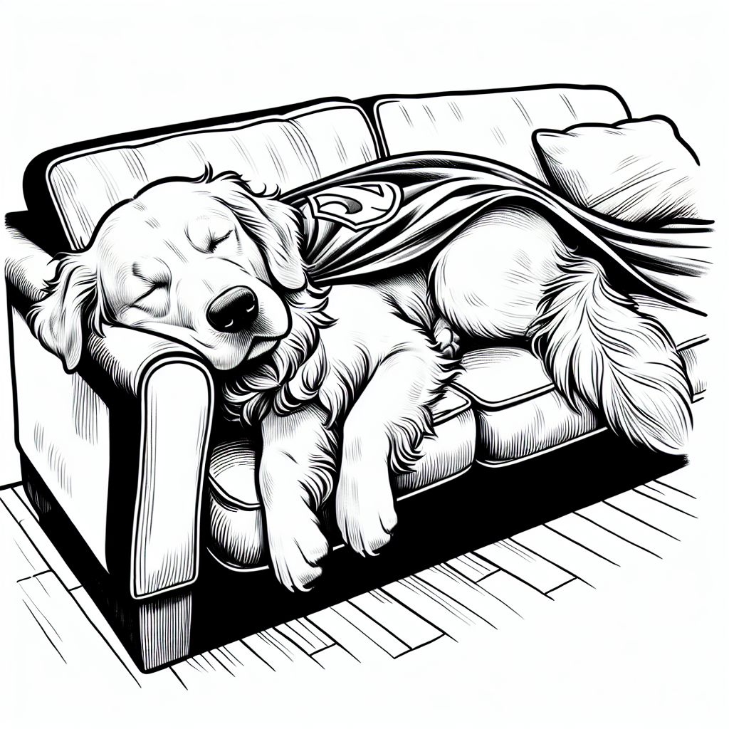Coloring page of a Golden Retriever dog, loyal companion sleeping on a couch