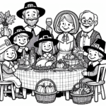 Coloring page of a happy family, thanksgiving dinner guest holding a basket of vegetables