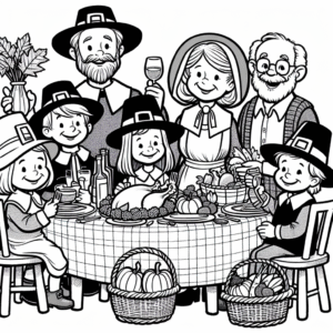Coloring page of a happy family, thanksgiving dinner guest holding a basket of vegetables