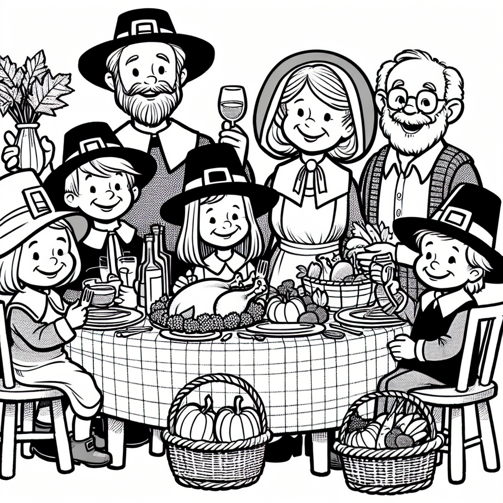 Coloring page of a happy family, thanksgiving dinner guest holding a basket of vegetables