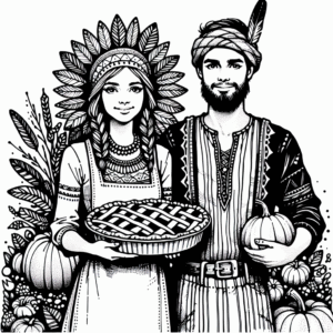 Coloring page of a harvest farmer, harvest helper carrying a pumpkin pie