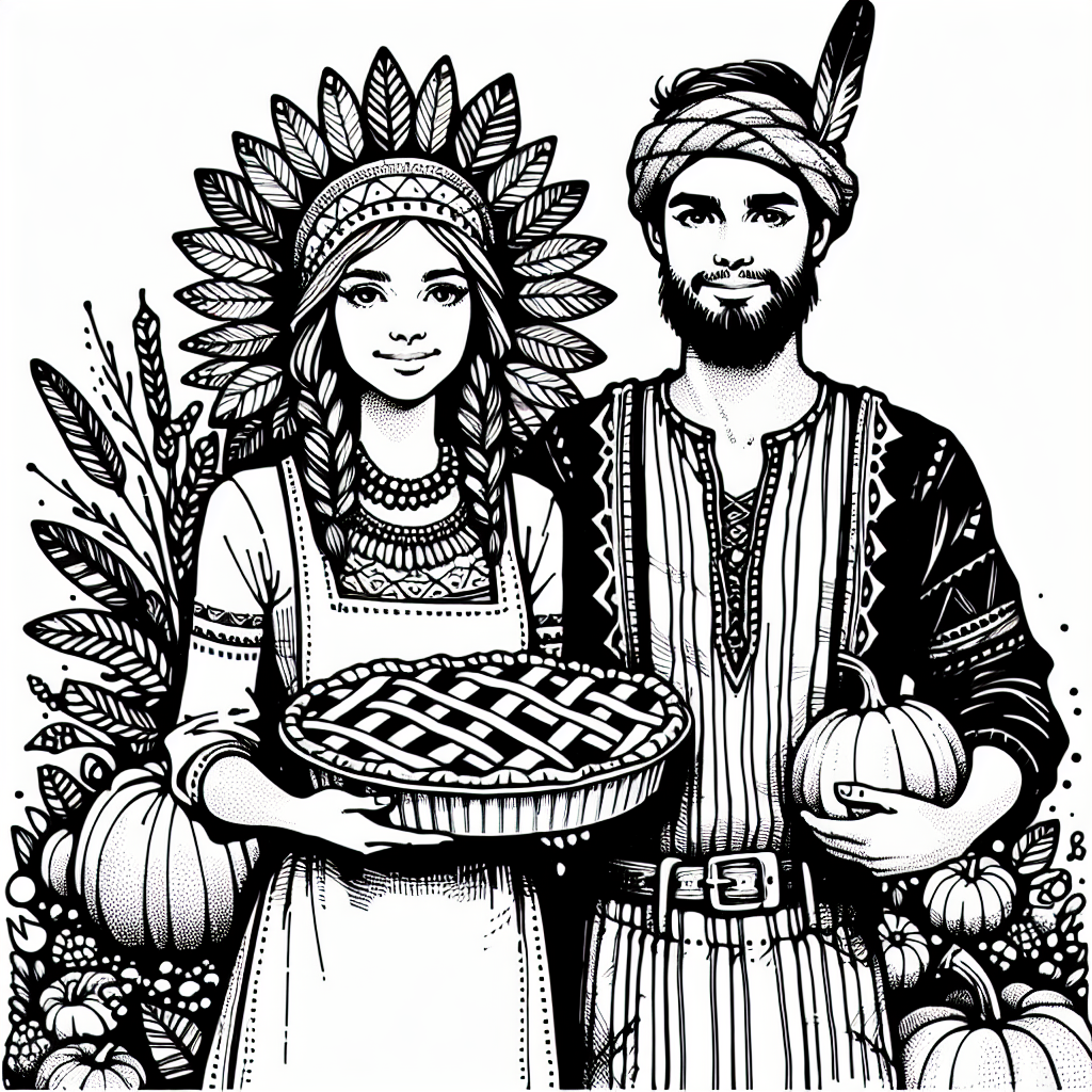 Coloring page of a harvest farmer, harvest helper carrying a pumpkin pie