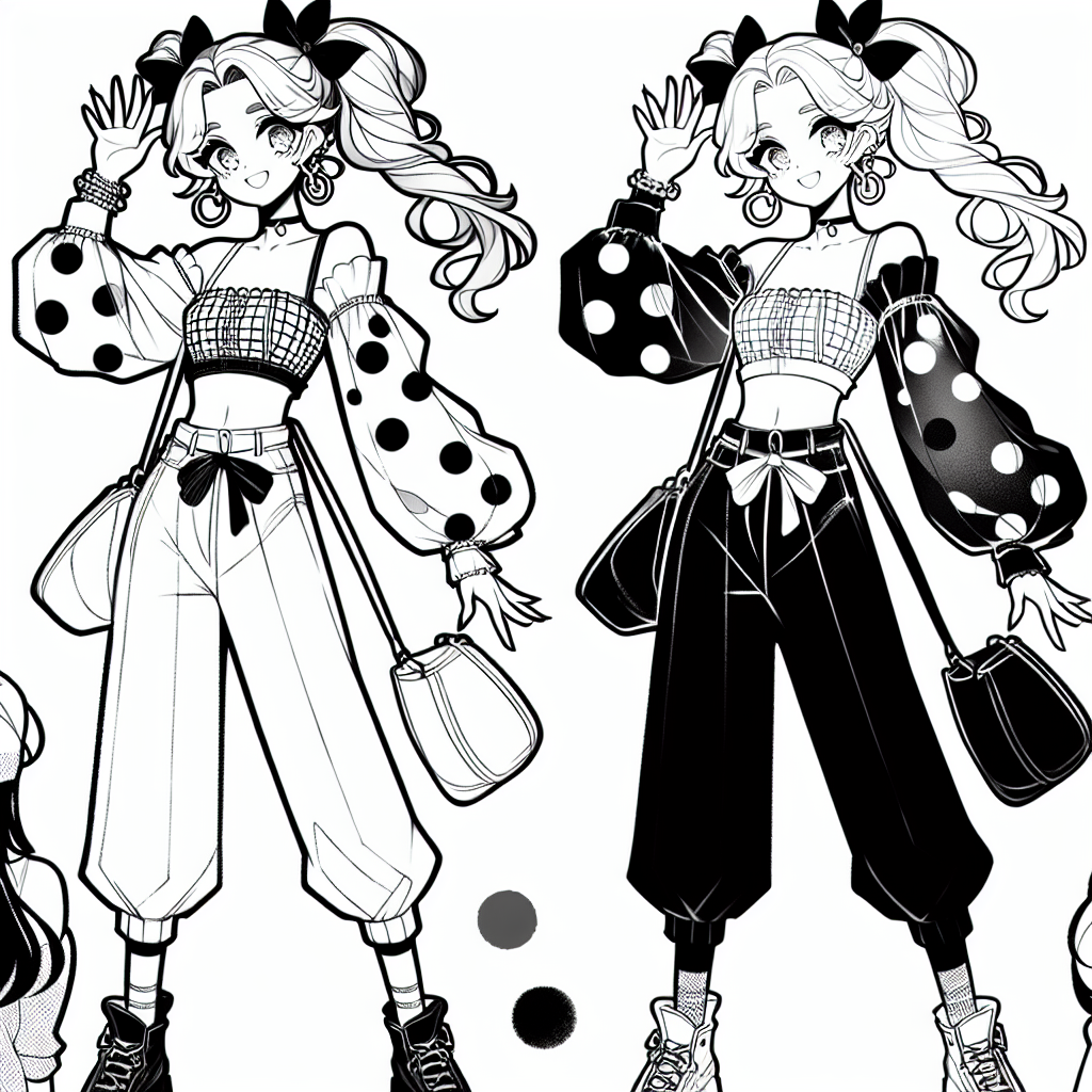 Coloring page of a manga character, fashionista waving to fans