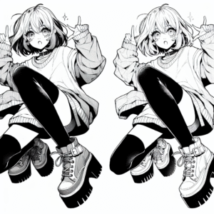 Coloring page of a manga character, idol kneeling dramatically