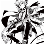 Coloring page of a manga character, leader playing guitar