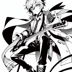 Coloring page of a manga character, leader playing guitar