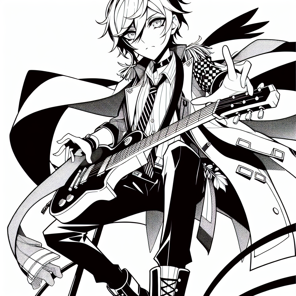 Coloring page of a manga character, leader playing guitar