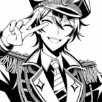 Coloring page of a manga character, leader smiling and making a peace sign