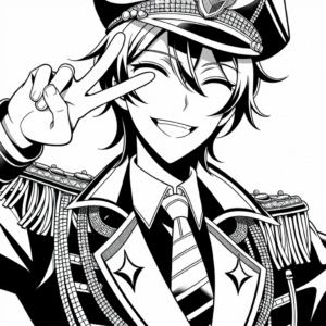 Coloring page of a manga character, leader smiling and making a peace sign