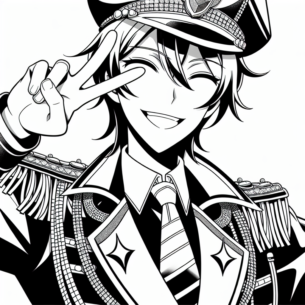 Coloring page of a manga character, leader smiling and making a peace sign