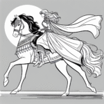 Coloring page of a Mustang female rider, medieval knightess riding at sunset