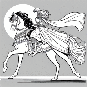Coloring page of a Mustang female rider, medieval knightess riding at sunset