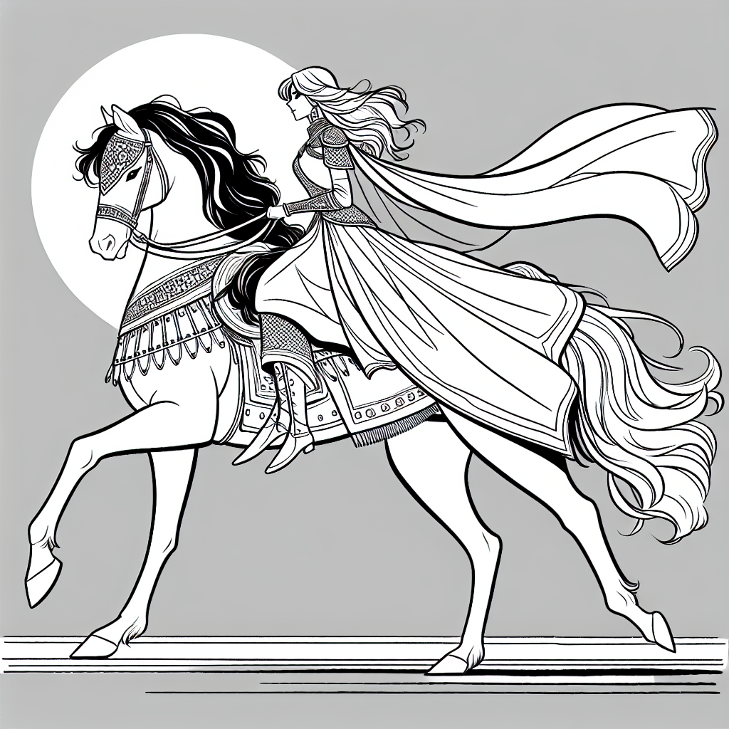 Coloring page of a Mustang female rider, medieval knightess riding at sunset