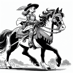 Coloring page of a Mustang girl riding a horse, cowgirl posing proudly with her horse