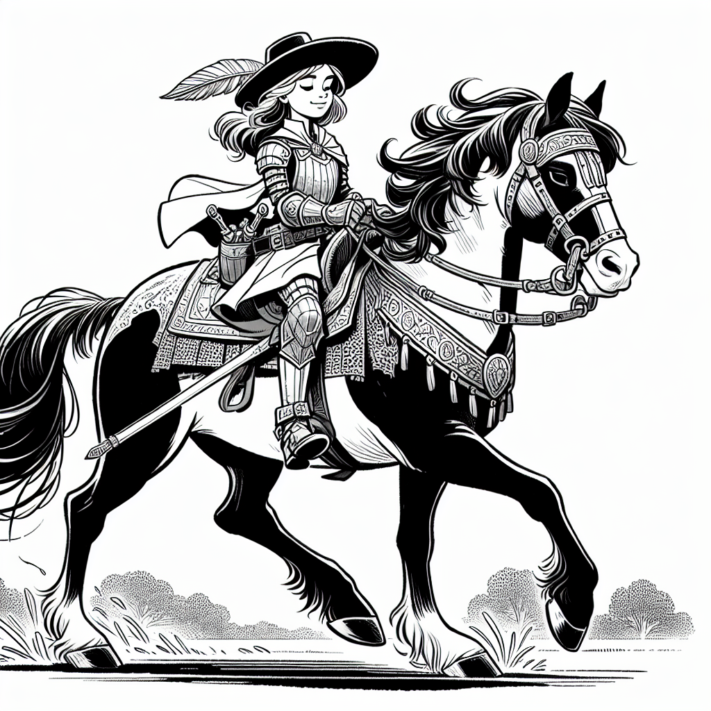 Coloring page of a Mustang girl riding a horse, cowgirl posing proudly with her horse