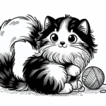 Coloring page of a Norwegian Forest Cat cat, mischievous kitty playing with yarn