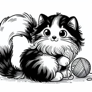 Coloring page of a Norwegian Forest Cat cat, mischievous kitty playing with yarn