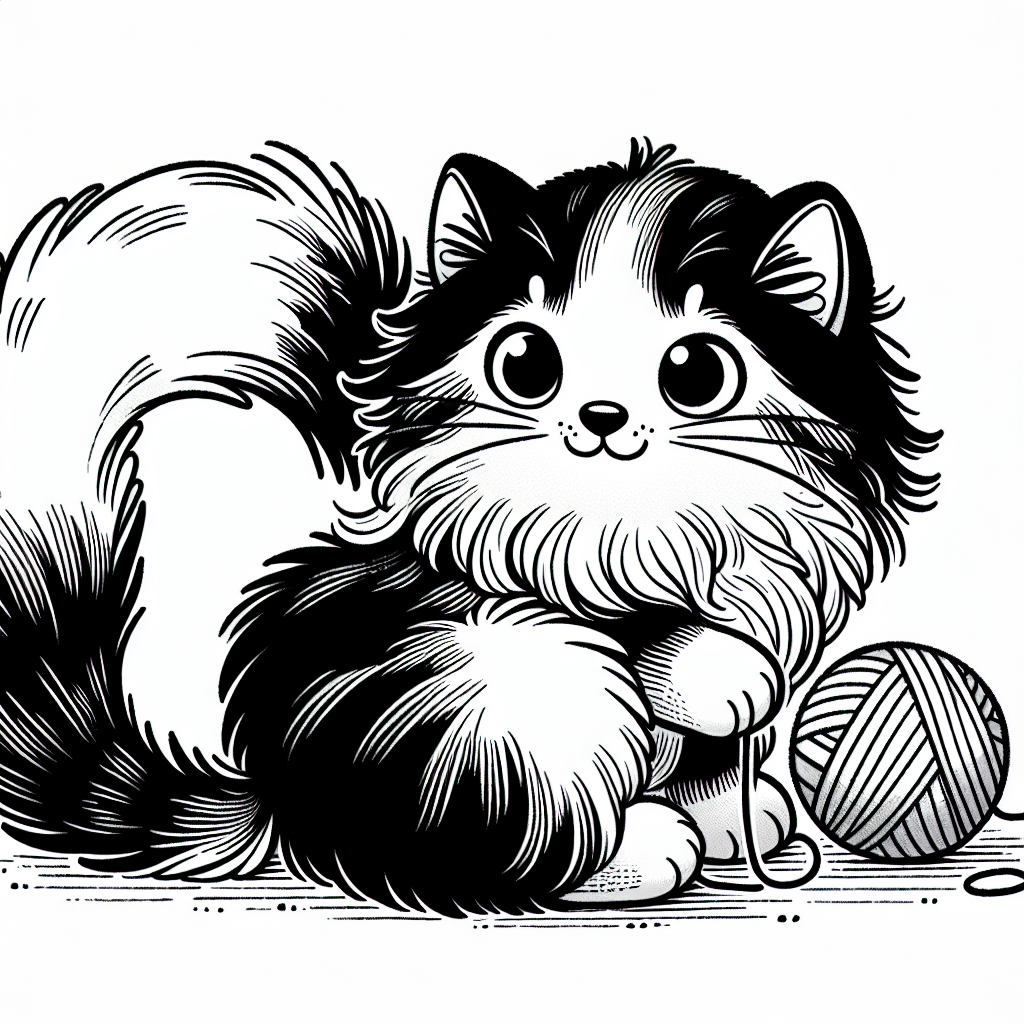 Coloring page of a Norwegian Forest Cat cat, mischievous kitty playing with yarn