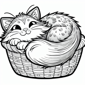 Coloring page of a Norwegian Forest Cat cat, playful hunter curled up in a basket
