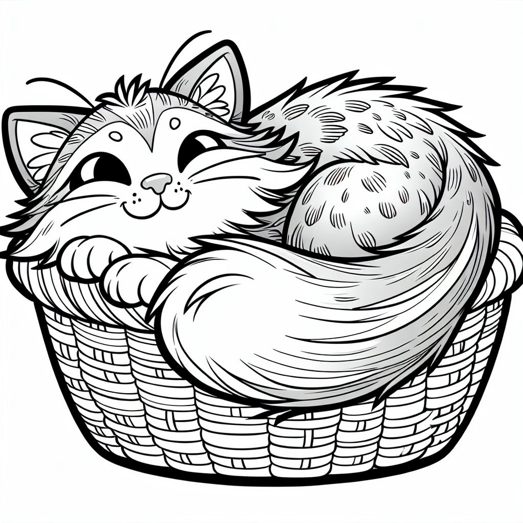 Coloring page of a Norwegian Forest Cat cat, playful hunter curled up in a basket