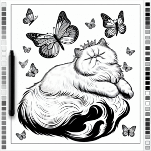 Coloring page of a Persian cat, lazy napper chasing a butterfly