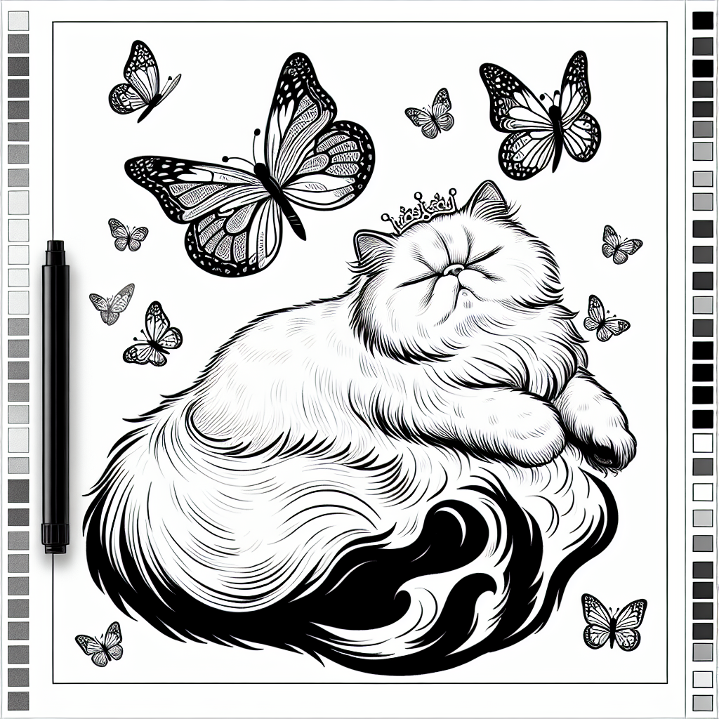 Coloring page of a Persian cat, lazy napper chasing a butterfly