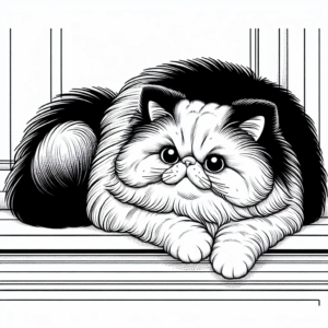 Coloring page of a Persian cat, mischievous kitty stretching on a windowsill