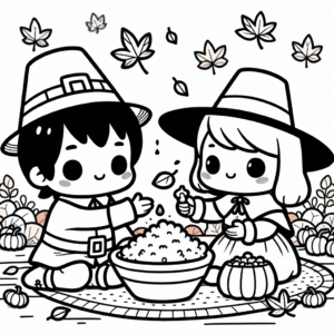Coloring page of a pilgrim child, family member sharing a meal