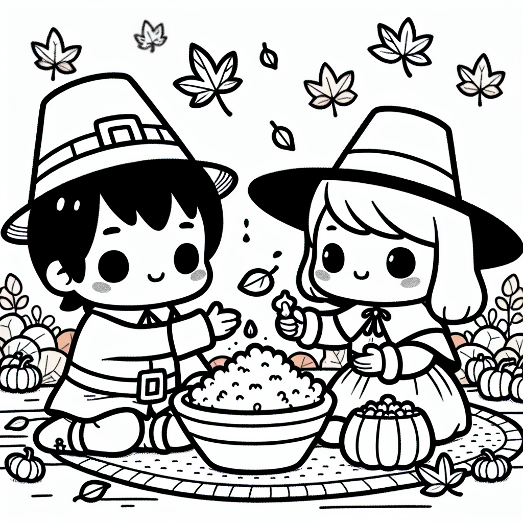 Coloring page of a pilgrim child, family member sharing a meal