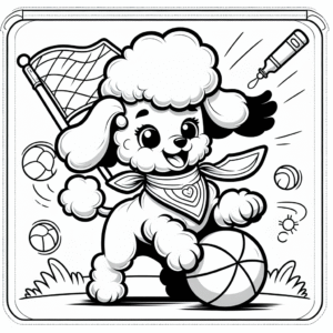 Coloring page of a Poodle dog, brave protector playing with a ball