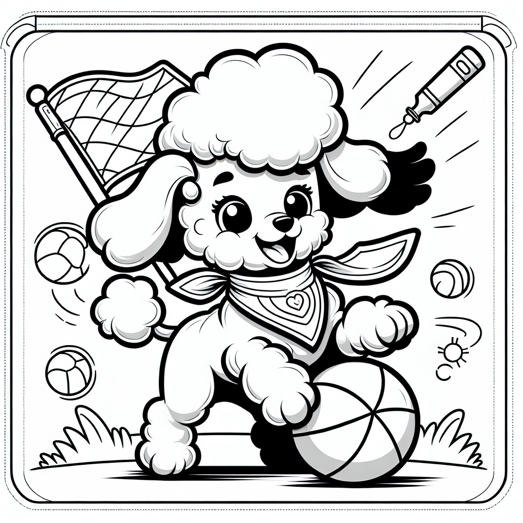 Coloring page of a Poodle dog, brave protector playing with a ball