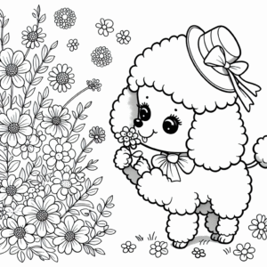 Coloring page of a Poodle dog, loyal companion sniffing flowers
