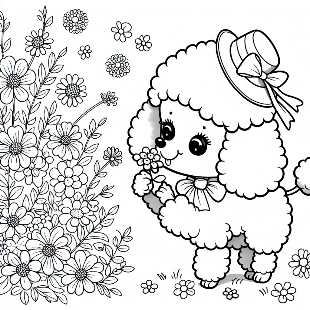 Coloring page of a Poodle dog, loyal companion sniffing flowers