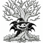 Coloring page of a pumpkin character, magical sorcerer hiding in a spooky tree
