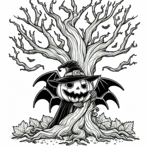 Coloring page of a pumpkin character, magical sorcerer hiding in a spooky tree