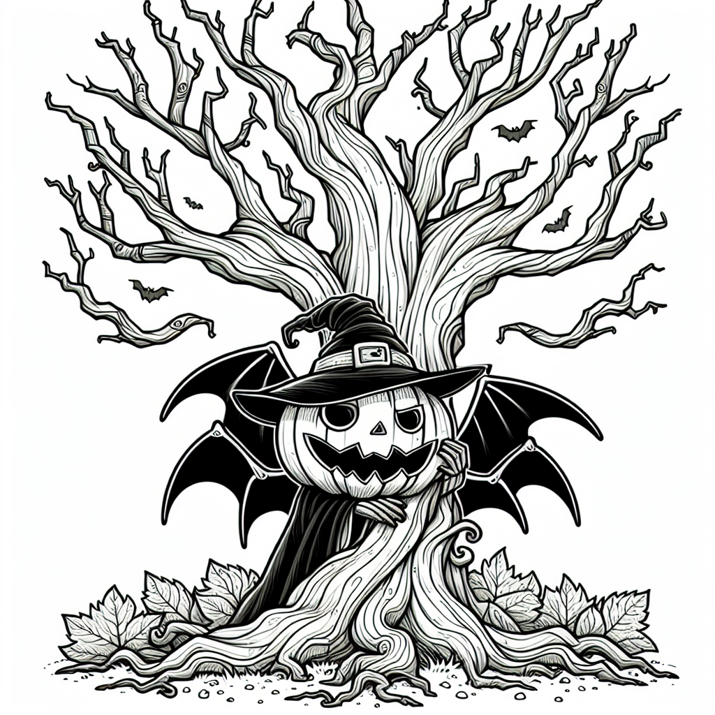 Coloring page of a pumpkin character, magical sorcerer hiding in a spooky tree