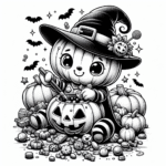 Coloring page of a pumpkin character, trick-or-treater carving a jack-o-lantern