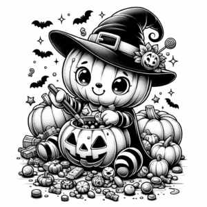Coloring page of a pumpkin character, trick-or-treater carving a jack-o-lantern